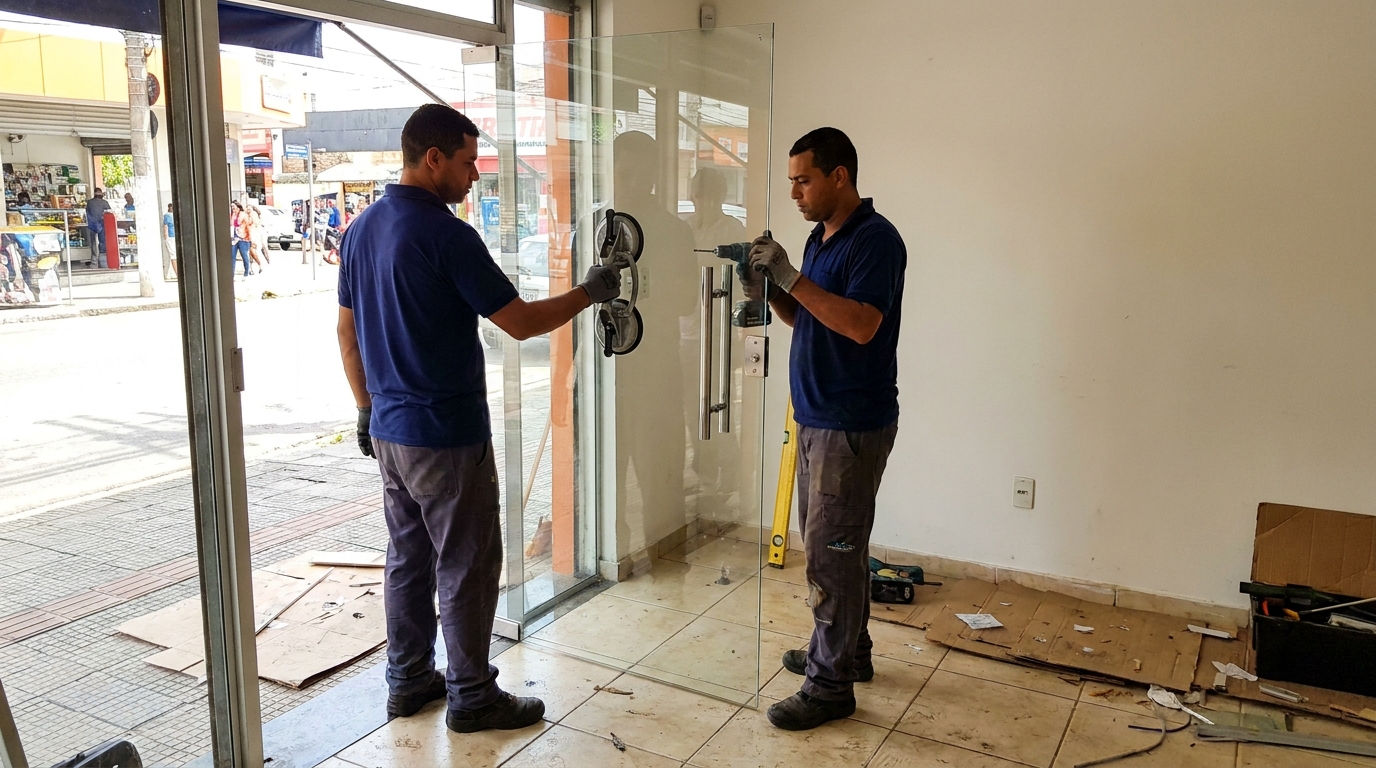 Porta de vidro de loja em rua movimentada em João Pessoa-PB
